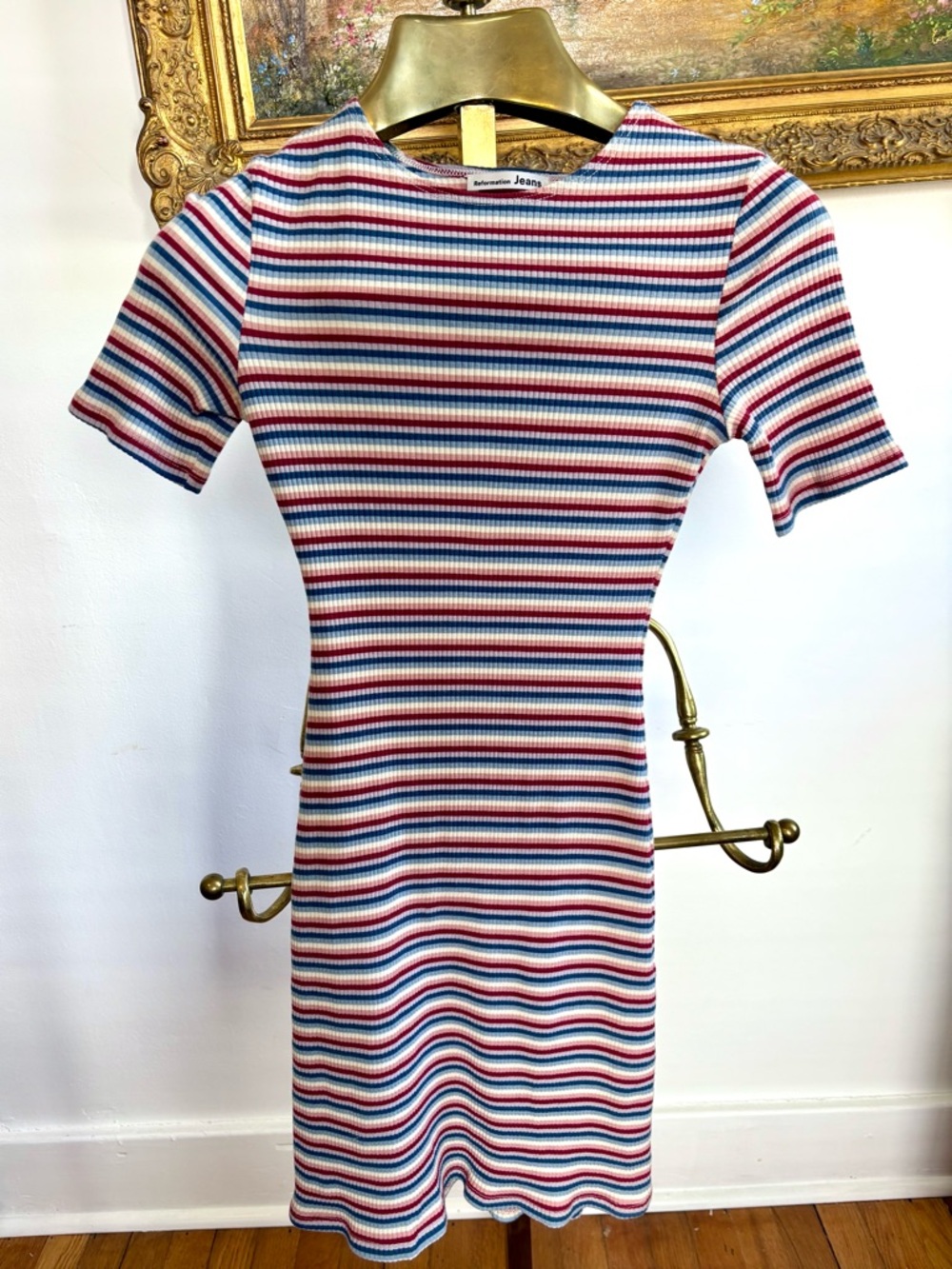 Reformation Kendy Striped Rib-Knit Short Sleeve Dress - Red/Blue/White XS